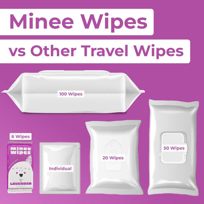 MOONIES Impossibly Compact Travel Wipes - 99.5% Water - Safe for Sensitive Skin & Hypoallergenic, Resealable, Thick & Durable - For Adults, Kids & Baby Care - Lavander, 10 Pack Total 60 Wipes