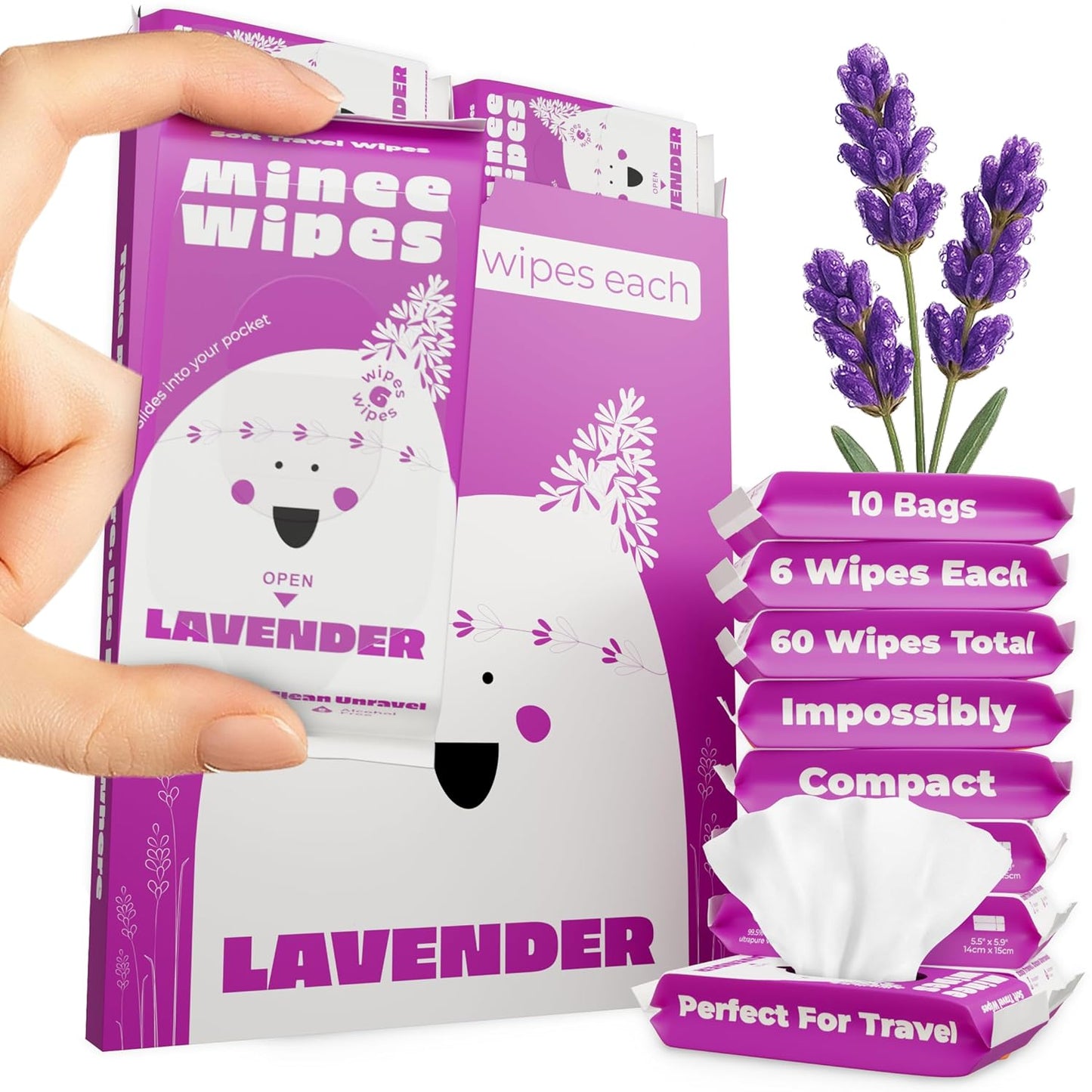 MOONIES Impossibly Compact Travel Wipes - 99.5% Water - Safe for Sensitive Skin & Hypoallergenic, Resealable, Thick & Durable - For Adults, Kids & Baby Care - Lavander, 10 Pack Total 60 Wipes
