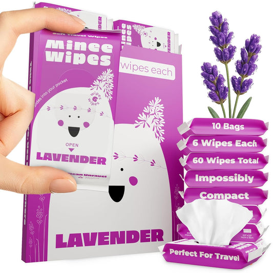 MOONIES Impossibly Compact Travel Wipes - 99.5% Water - Safe for Sensitive Skin & Hypoallergenic, Resealable, Thick & Durable - For Adults, Kids & Baby Care - Lavander, 10 Pack Total 60 Wipes