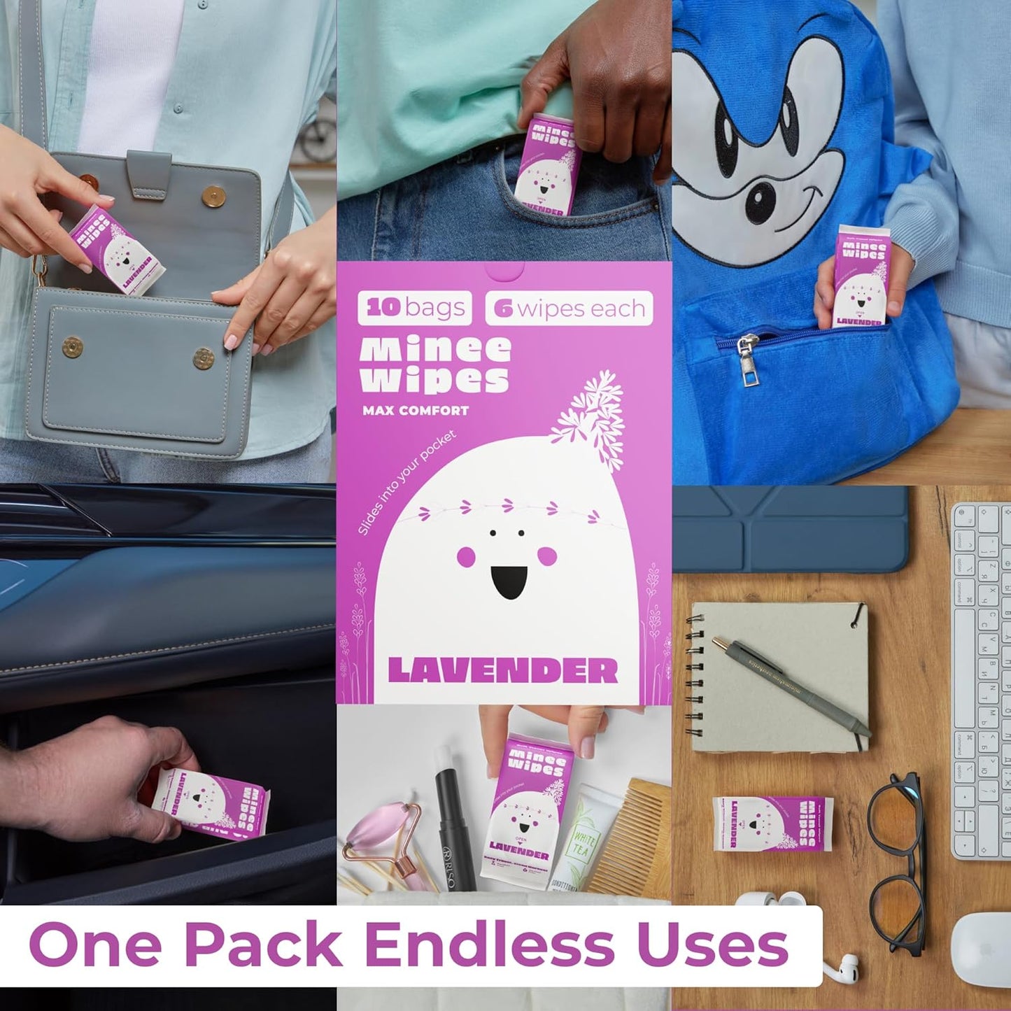 MOONIES Impossibly Compact Travel Wipes - 99.5% Water - Safe for Sensitive Skin & Hypoallergenic, Resealable, Thick & Durable - For Adults, Kids & Baby Care - Lavander, 10 Pack Total 60 Wipes