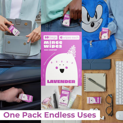 MOONIES Impossibly Compact Travel Wipes - 99.5% Water - Safe for Sensitive Skin & Hypoallergenic, Resealable, Thick & Durable - For Adults, Kids & Baby Care - Lavander, 10 Pack Total 60 Wipes